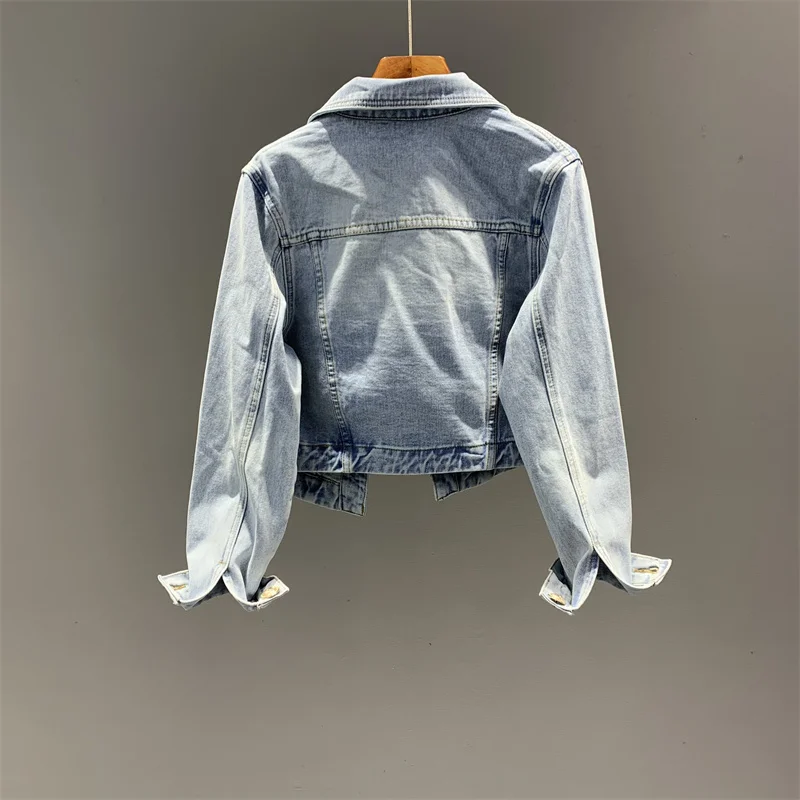 Весенне-осенняя винтажная синяя тонкая короткая джинсовая куртка женская