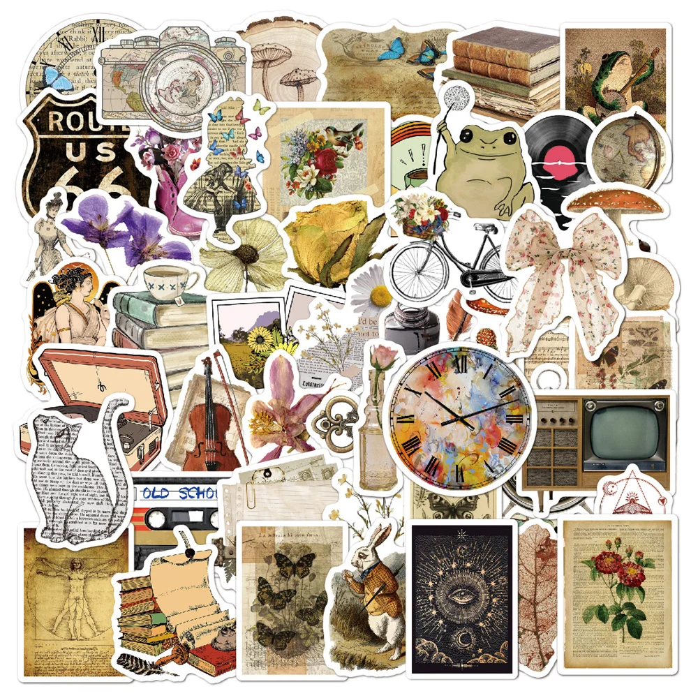 

50pcs Cartoon Retro Pattern Stickers For Stationery Guitar Sketchbook Sticker Vintage Craft Supplies Scrapbooking Material