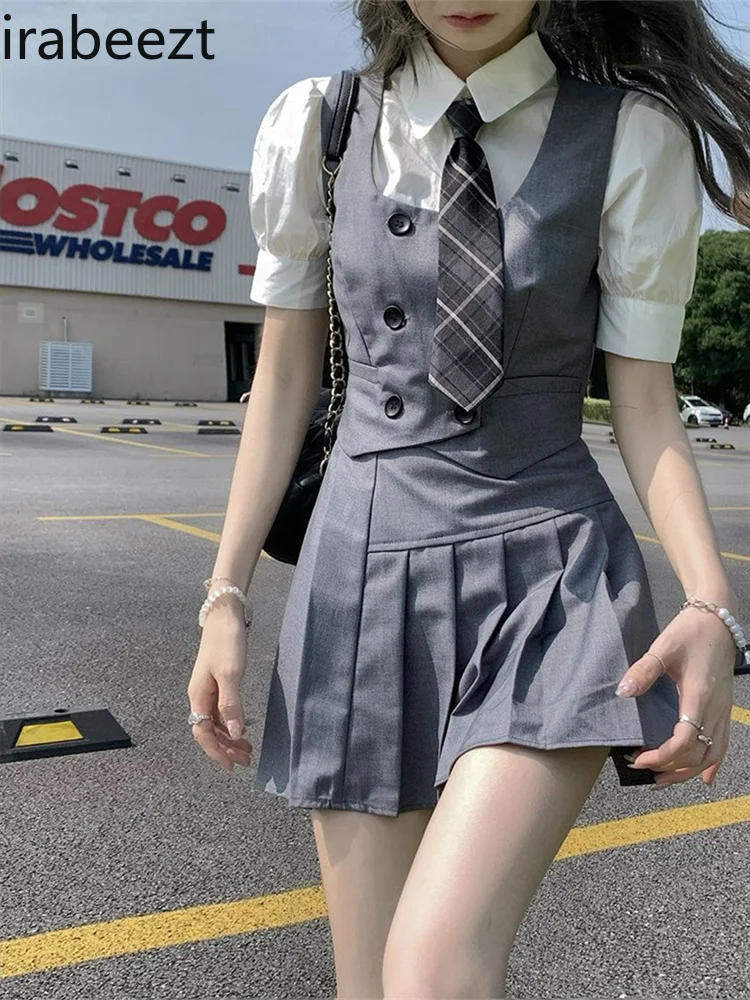 Irabeezt-trajes de falda corta para mujer, camiseta coreana con cuello tipo Polo, chaleco y Falda plisada de cintura alta, tendencia de tres piezas, verano 2022