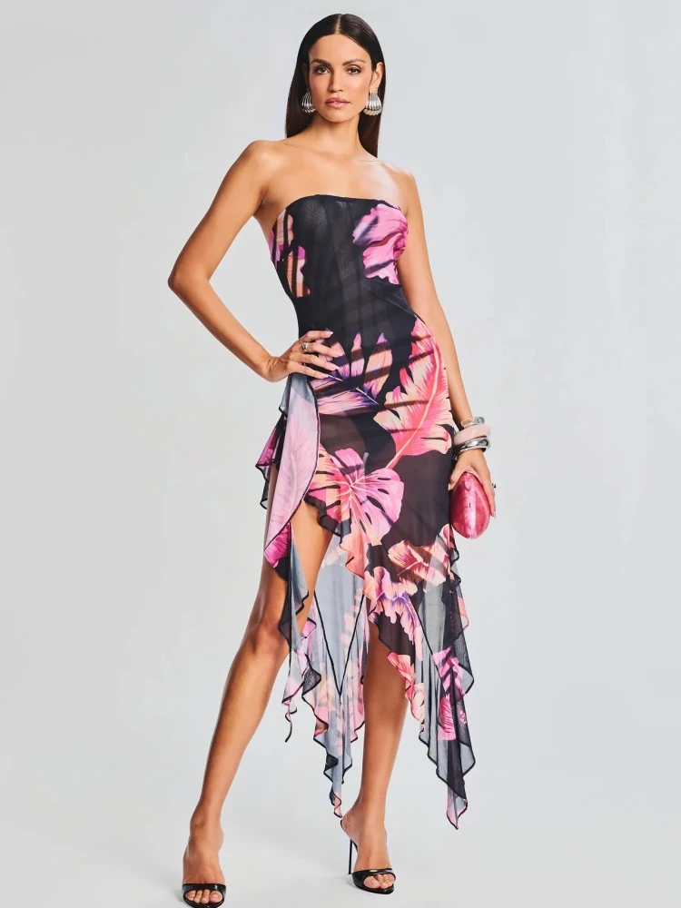 Женское платье-миди без бретелек с цветочным принтом