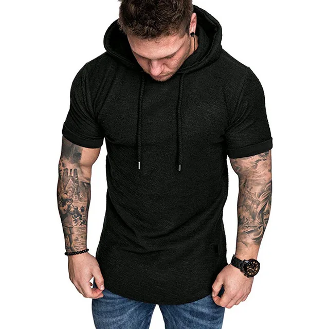 

2022 New Men's Casual Slim Personality Fitness Jogging Solid Color Short Sleeve Hooded Sweater Sweatshirt