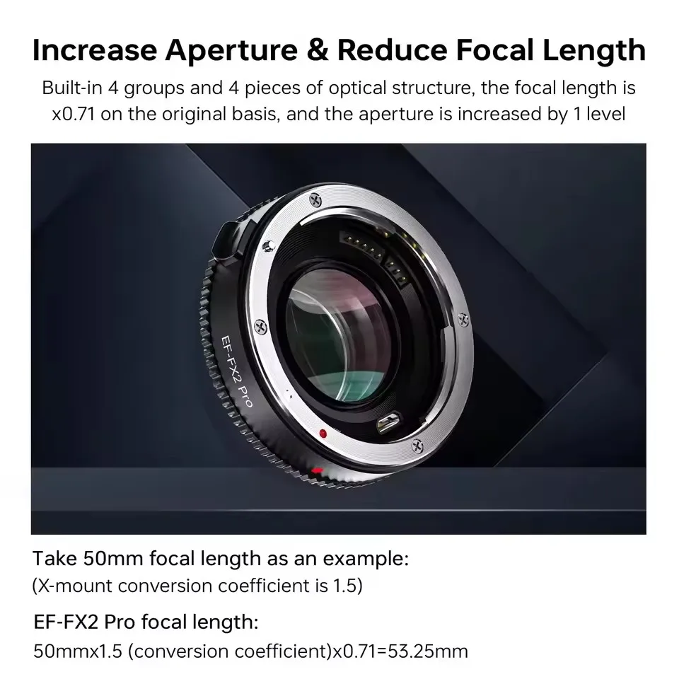 Фото VILTROX EF-FX2 Pro Адаптер объектива с автофокусом и уменьшением фокусного расстояния 0.71x для объективов Canon EF на камеры с байонетом Fuji X. №3