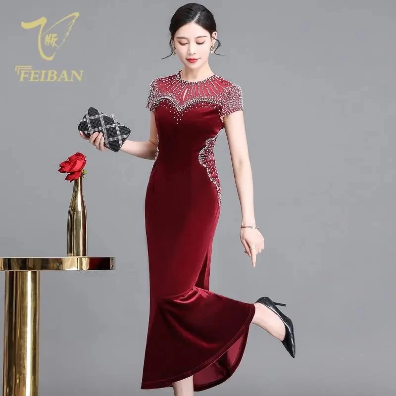 

Винтажное платье со стразами, модель 2023 года, весенний наряд для свадьбы, для матери, для ужина, улучшенное женское платье-Ципао с коротким рукавом