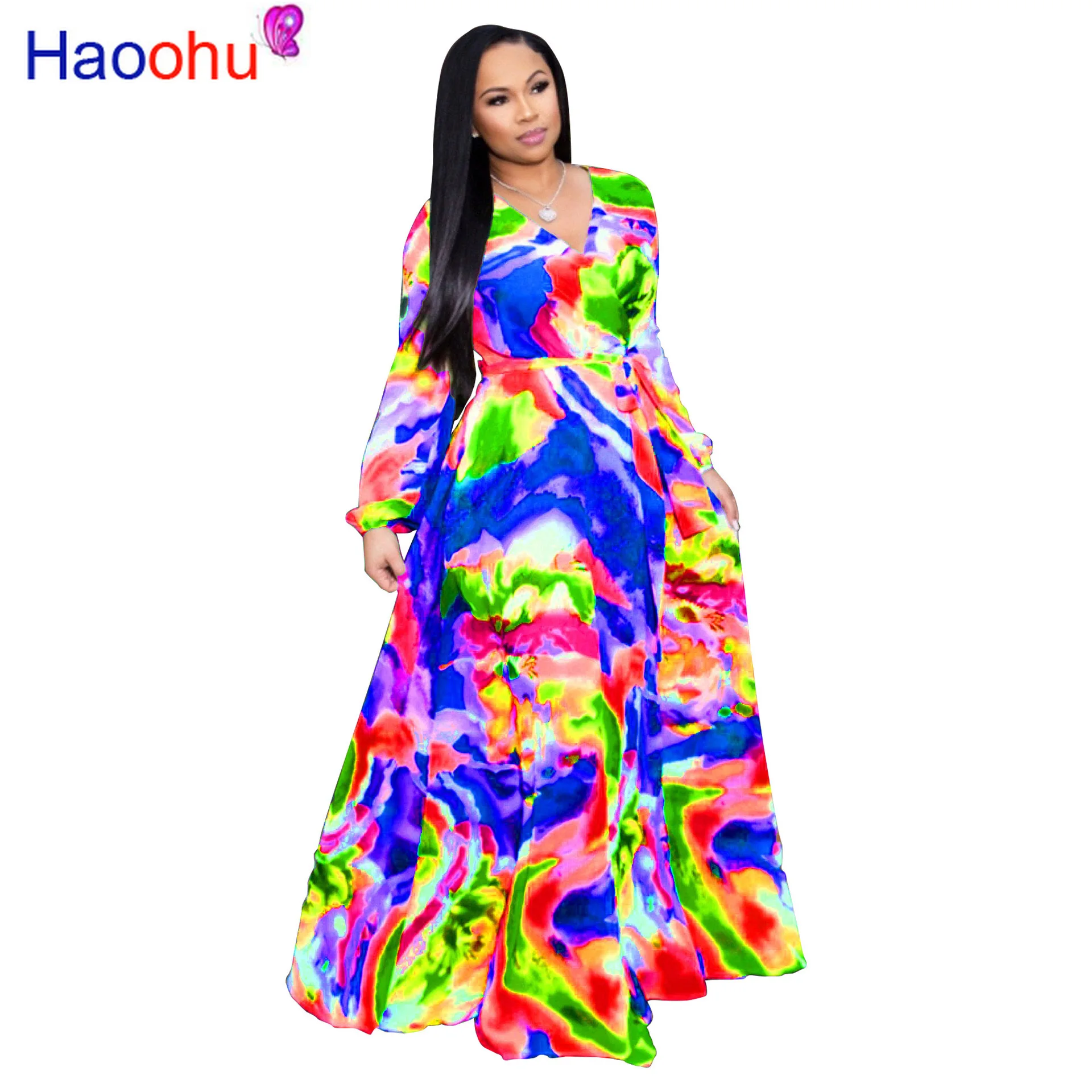 

HAOOHU Women Print Chiffon Maxi Dress with Belt Bohemian Beach Sexy V-neck Long Sleeve Dress Large Size Women 2023 summer S-5XL