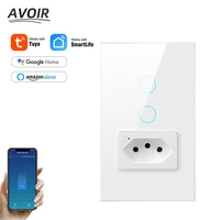 avoir tuya smart switch wifi control wall touch light switch with socket white glass srandard brazil work with alexa google home
