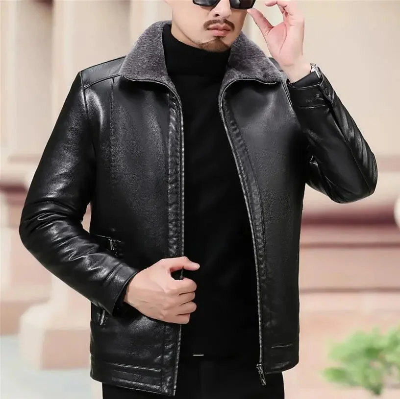 

Мужская куртка из натуральной кожи, с меховым воротником, Осень-зима