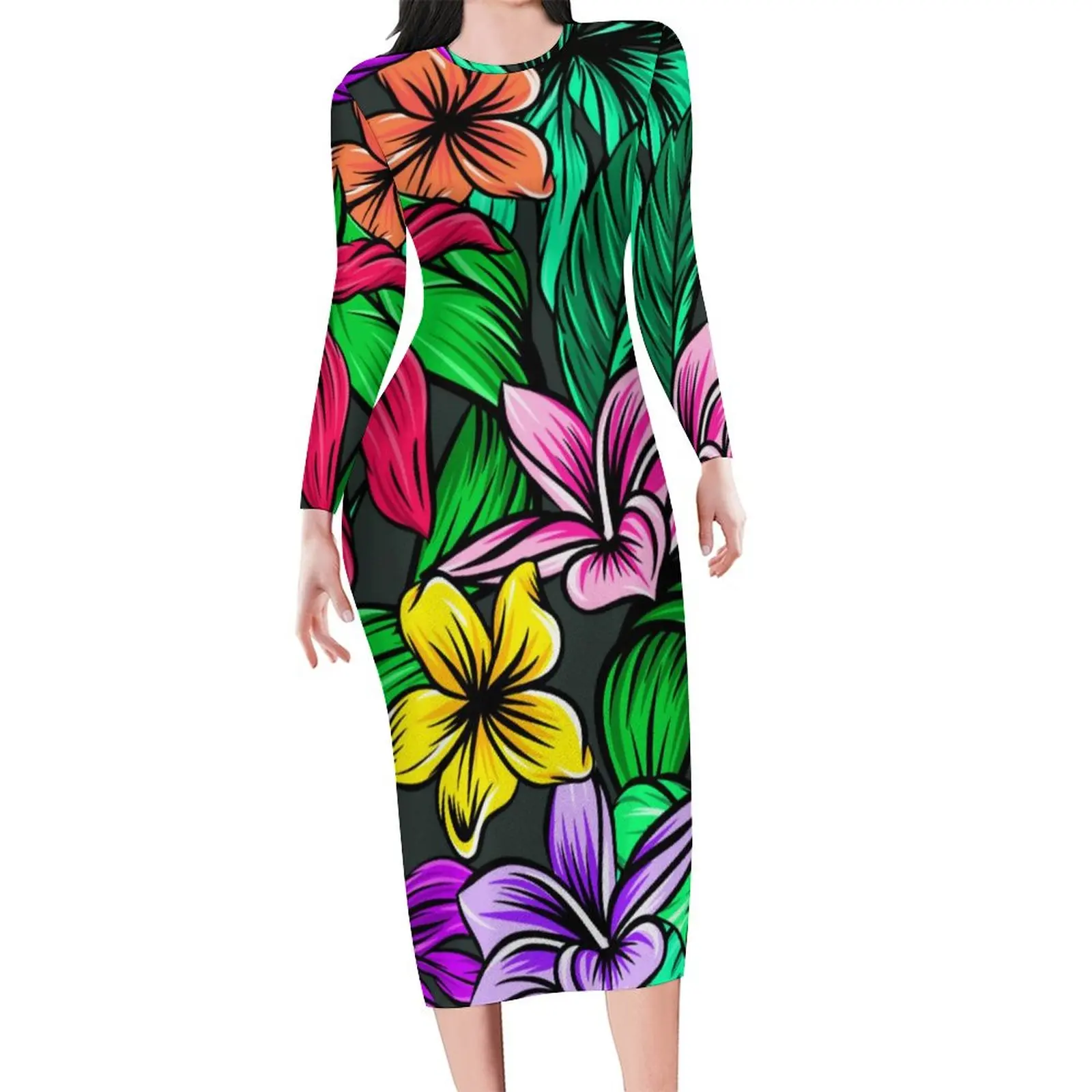

Женское облегающее платье с цветочным принтом, осеннее платье с длинным рукавом, размеры до 6XL