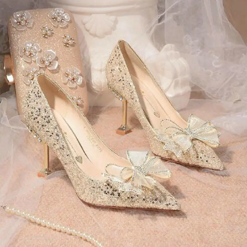 pumps high heels women wedding shoes for bride party shoes bling pumps Nice women shoes pointed toe stiletto heels silver