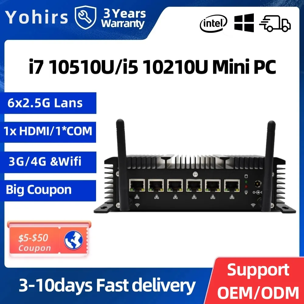 Fanless Industrial Pc Intel Core i5 10210U 8265U i7 10810U Firewall Router Pfsense Server 6 Lans 2*RS232 Coms Support AES-NI