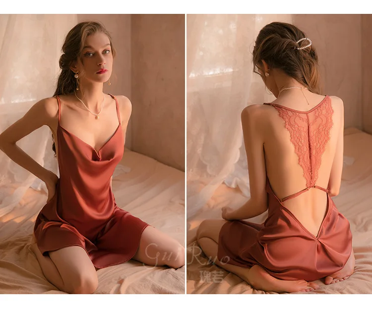 Women Sexy Nightgown Deep V Satin Suspenders Slip Nightdress Backless Hot Lace See-through Thin Dress Sleepwear