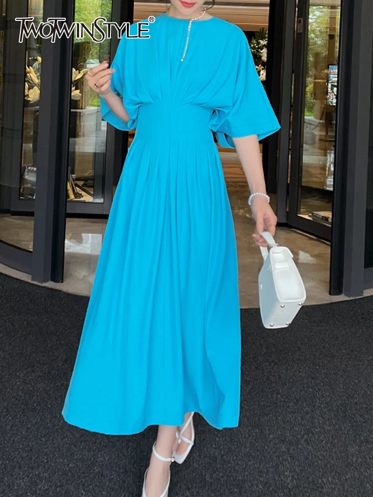 

Женское платье-миди TWOTWINSTYLE, синее уличное платье с круглым вырезом и рукавами «летучая мышь», однотонное минималистичное платье с высокой т...