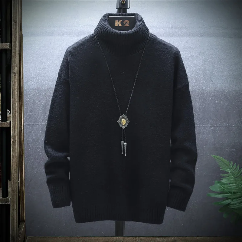 Winter New Youth Men's High Neck Sweater Trend Middle and High School Students Thickened Warm Solid Color Pullover Bottom Knit