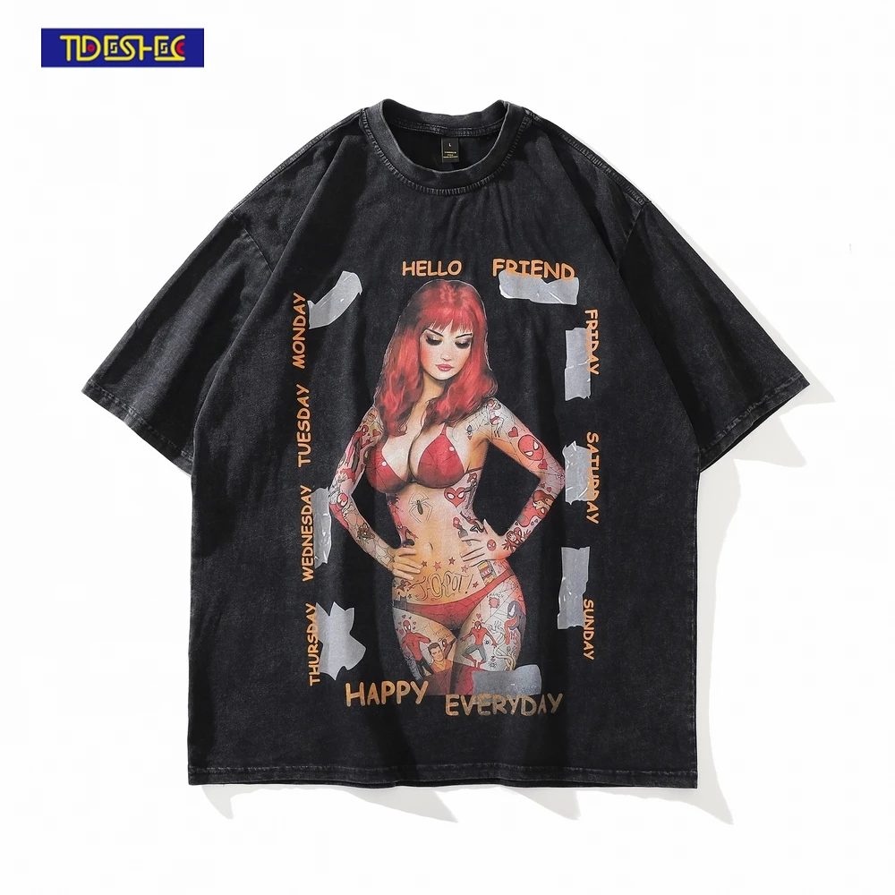 

Men Punk Distressed T-Shirt Hip Hop Redhead Bikini Woman Print Tshirt Streetwear Harajuku Cotton T Shirt 2022 Oversize Tops Tees