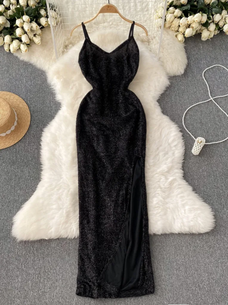 

Foamlina Sexy Spaghetti Strap Long Dress for Women Elegant Black V-neck Sleeveless Backless Slim High Split Bodycon Party Dress