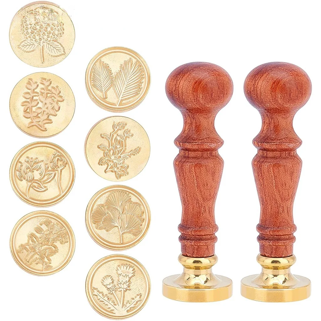 

8 шт. винтажные штампы для воска с 2 деревянными ручками, 25 мм, съемная латунная головка, штамп для запечатывания-Цветочная серия, лист лотоса ...
