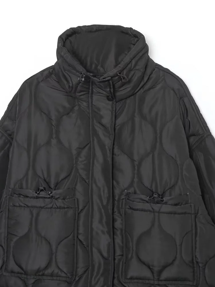 KEYANKETIAN Women's Short Black Cotton Jacket new Fall/winter wavy quilted trim retro style stand collar loose lightweight coat