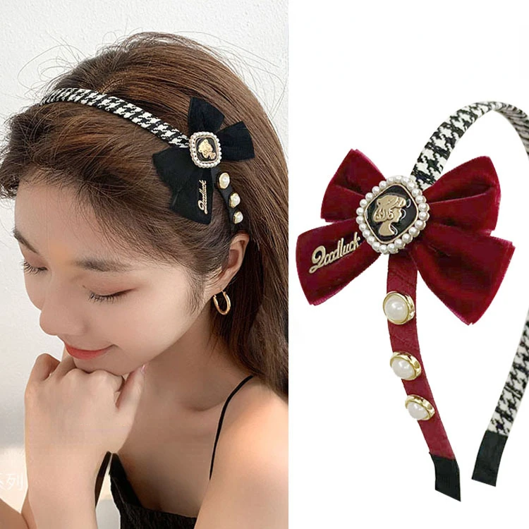 

New Japanese and Korean Snow Yarn Bowknot Hair Band Retro Pearl Beauty Head Houndstooth Head Band Velvet Simple Hair Ornament