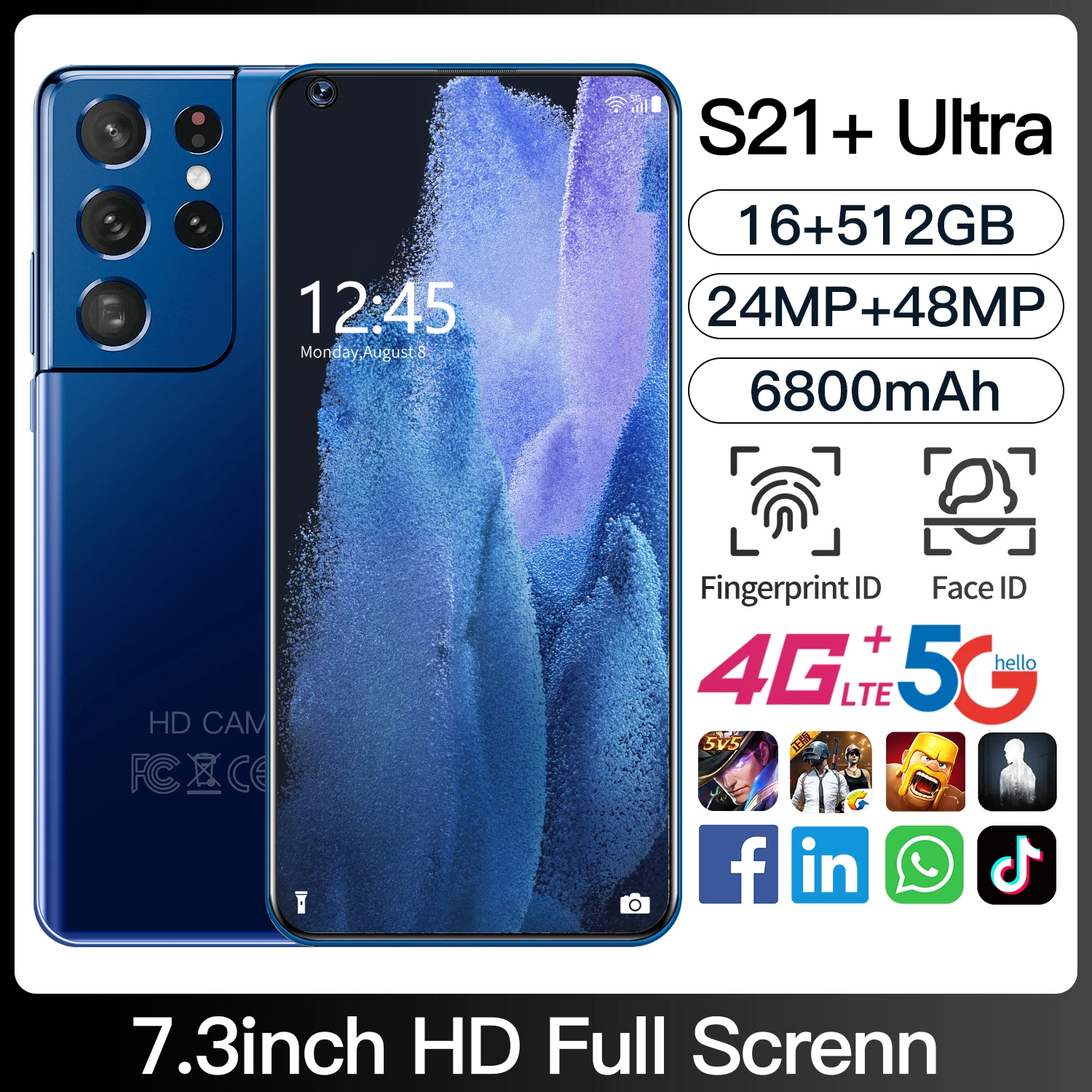 

Global Version S21 Ultra+ Smartphone 7.3in HD 16+512GB Camera 24+48MP Battery 6800 mAh MT6989 Cellphone 10 Core Unlock Phone