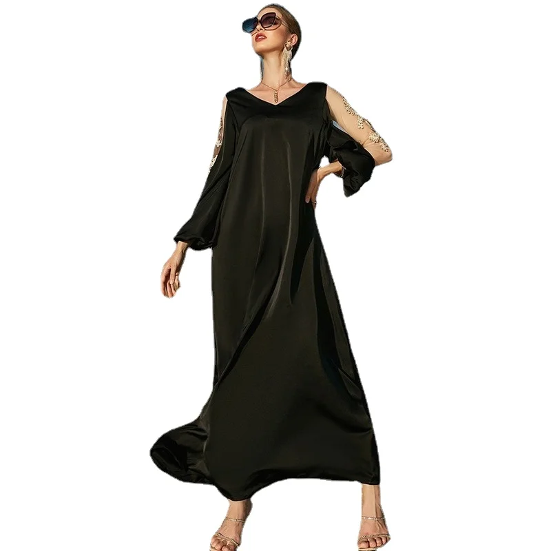 

Maxi Dress for Women Black Hollow Out Mesh Embroidered Lantern Sleeve Arab Dubai Moraccan Caftan Elegant Party Robe Eid