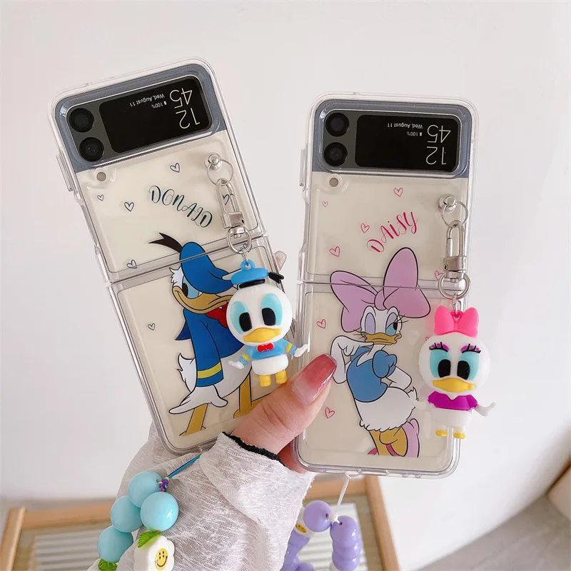 

Cartoon Duck Pendant Chains Phone Case for Samsung Galaxy Z Flip 3 Z Flip 4 Hard PC Back Cover for ZFlip3 ZFlip4 Case Shell