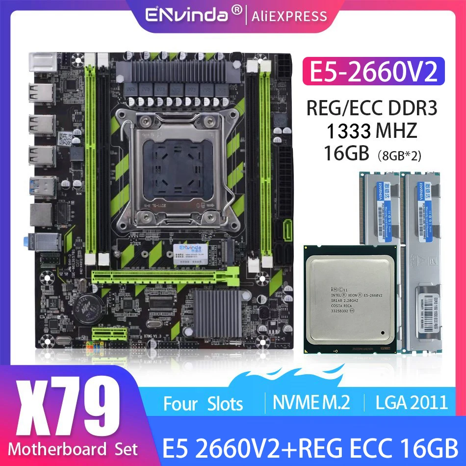 ENVINDA X79 Motherboard with XEON E5 2660 V2 4*4G or 2*8GB DDR3 1333 REG ECC RAM Memory Combo Kit Set NVME SATA Server