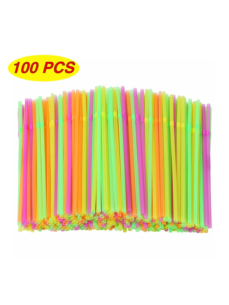

New 100Pcs Fluorescent Plastic Bendable Drinking Straws Disposable Beverage Straws Wedding Decor Mixed Colors Party Supplies