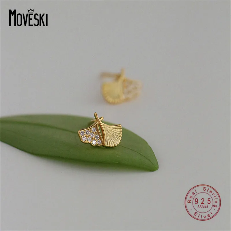 

MOVESKI 925 Sterling Silver Asymmetric Ginkgo Biloba Zircon Stud Earrings Women Fashion Exquisite Spring Jewelry
