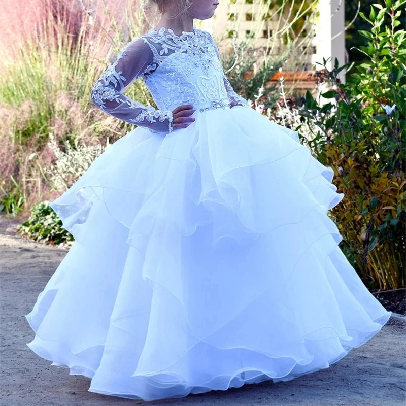 

Hand Made White Ivory Puffy Flower Girls Dresses Jewel Long Sleeve Appliques Lace Kids Party Gowns Tiered For First Communion