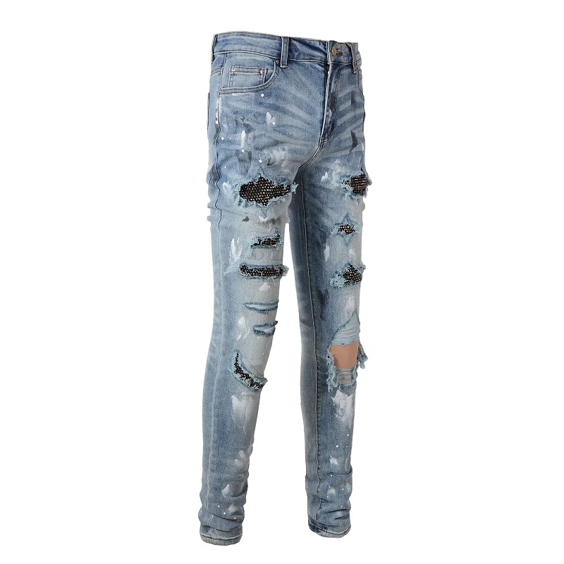 New Arrival Men's Painted Slim Fit Stretch Destroyed Jeans Distressed Light Blue Skinny Ripped Streetwear Damaged Rhinestones