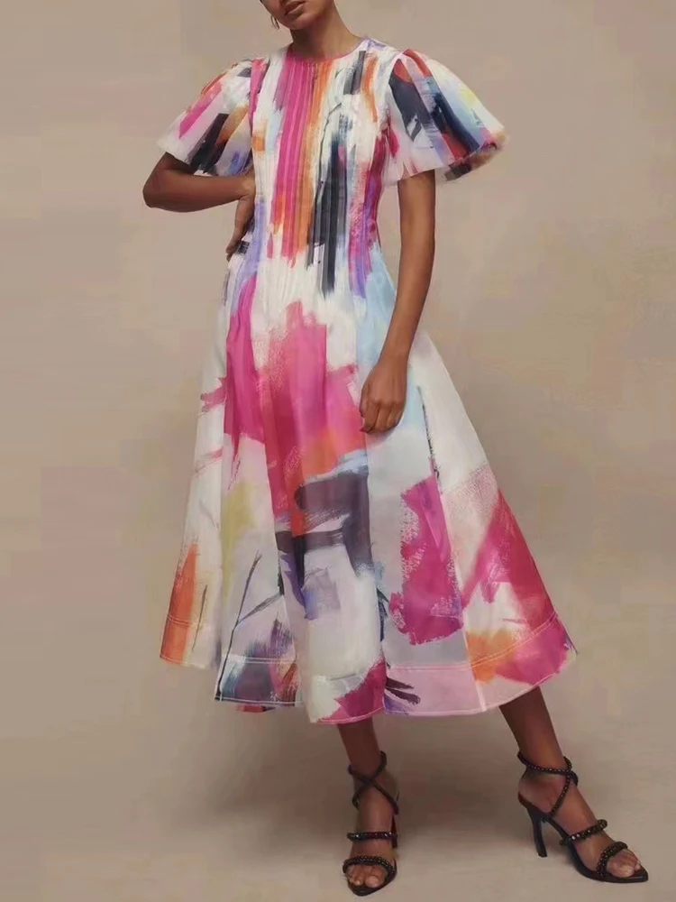 

Print Colorblock Summer Dresses for Women 2023 Round Neck Puff Sleeve High Waist Loose Ruched Midi Dress Female Clothing New