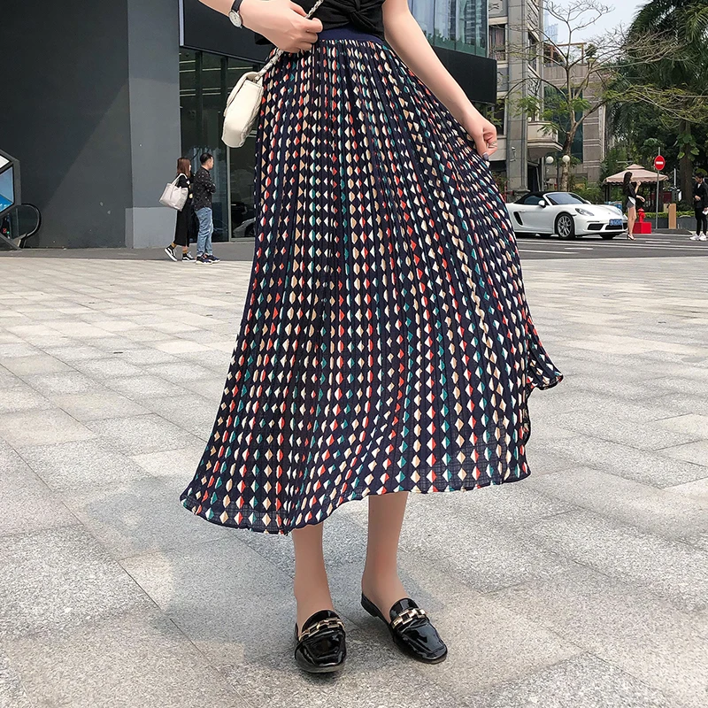 

Spring Autumn Bohemian Vintage Colorful Striped Printed Floral Dotted Pleated Chiffon Long Skirts Navy Apricot