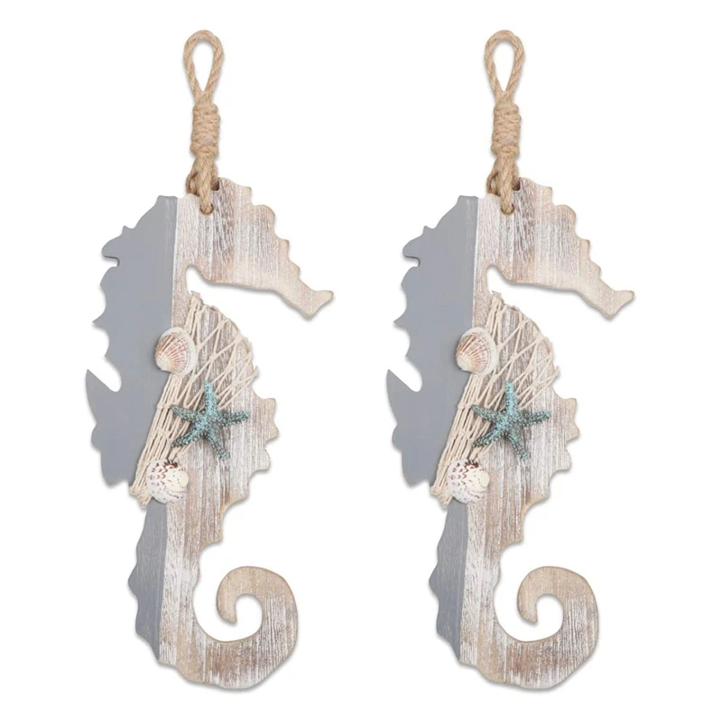 

2X Wooden Decor Seahorse With Starfish And Shells For Nautical Decoration,Wall Hanging Ornament Beach Theme