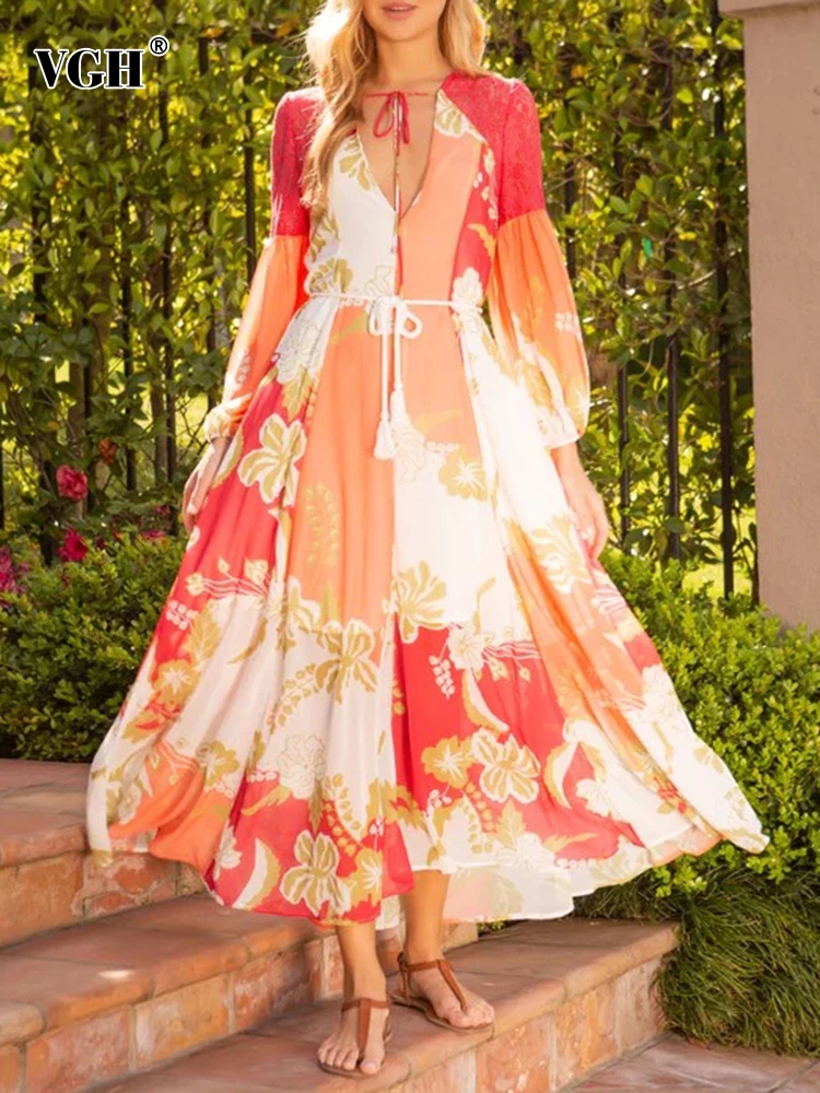 

Женское платье средней длины VGH, модное платье с открытой спиной, круглым вырезом, длинным рукавом, высокой талией и цветочным принтом, 2023