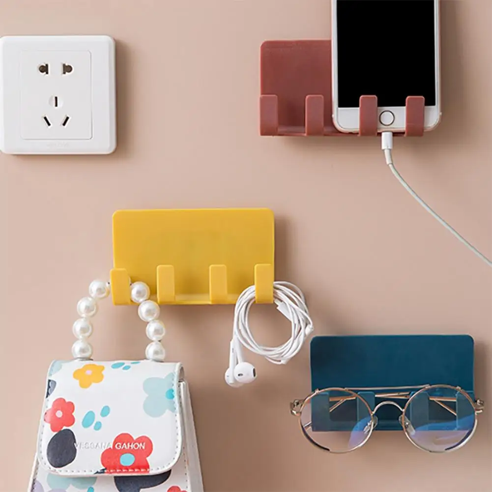 

No Punching Creative Storage Hook With 4 Hooks Self-adhesive Mobile Phone Tablet Charging Stand Storage Rack For Living Room