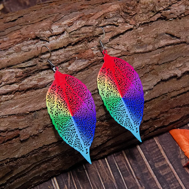 

New Fashion Multicolor Colorful Butterfly Leaf Fan Earrings Personality Bohemian Flower Ethnic Style Hollow Out Copper Earrings