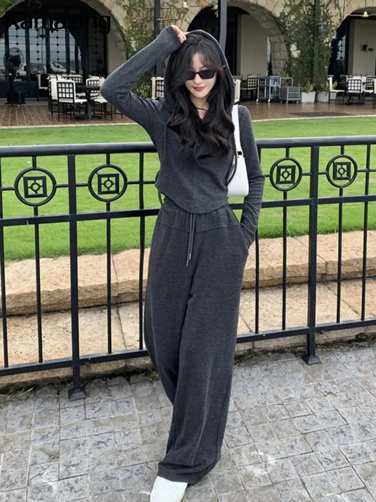 Осенний модный тонкий спортивный костюм с капюшоном для женщин повседневный
