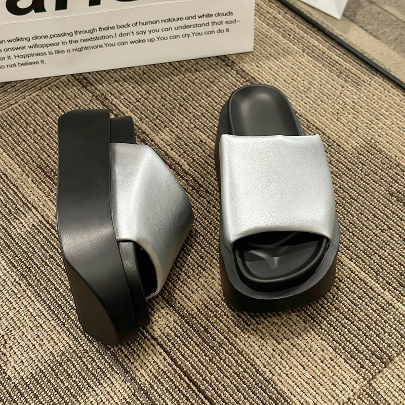 Summer New Luxury Brand Platform Mid Heels Ladies Slippers Fashion Party Outside Beach Sandals Flip Flops Thick Women Slides