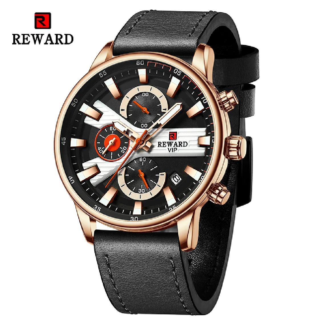 

REWARD Business Men Watches Waterproof Anti-Glare Glass Quartz Wrist Watch Chronograph Timepiece Genuine Leather Wristwatch