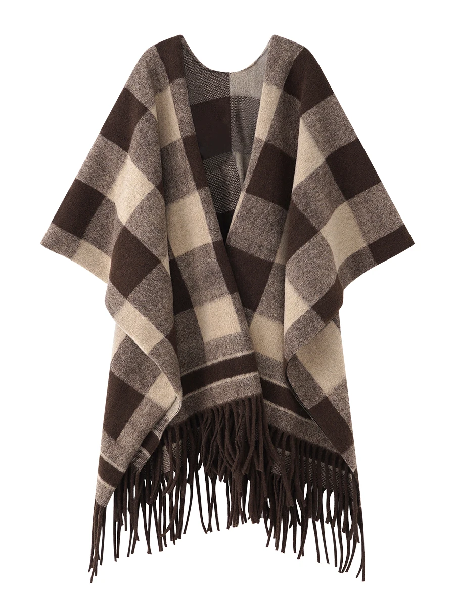 Hanada Showcase Htmeme Янтарный блеск ~ Универсальная шерстяная шаль в клетку с кисточками