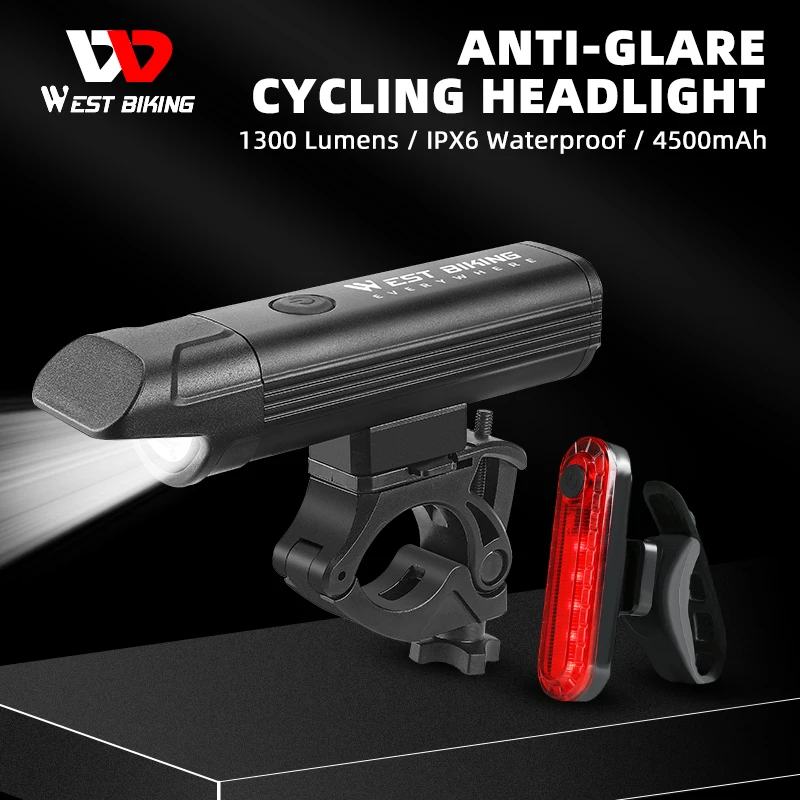 

WEST BIKING Anti-Glare Bicycle Headlights 1300 Lumen Bike Light IPX6 Waterproof Type-C Charging Bike Front Light Lamp Flashlight