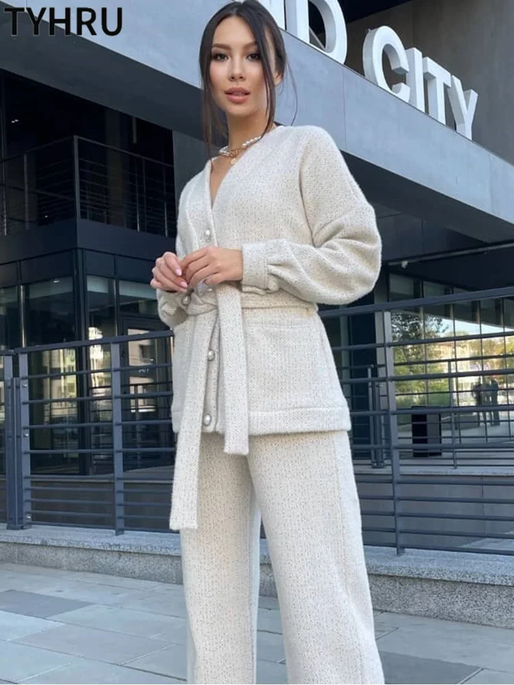 

Женский трикотажный Костюм-двойка TYHRU, однобортный Кардиган с карманом на поясе и широкими штанинами, Зимняя модель