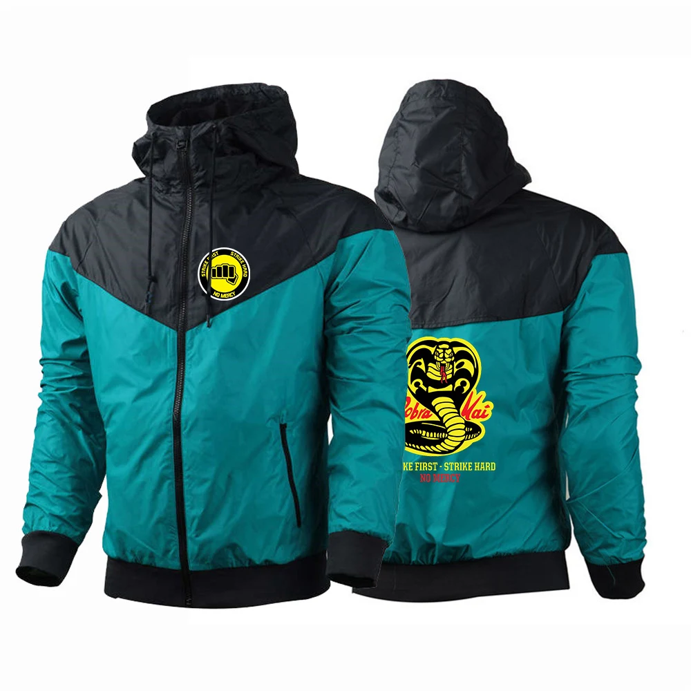 

2023 Spring Autumn Cobra Kai Logo Print Hooded Solid Color Splicing Thin Jacket Men's Breathable Sunscreen Personality Coat Tops