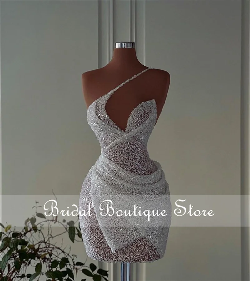 

New Arrival 2023 Sparkly Mermaid Wedding Gowns One Shoulder Beading Sequins Short Bridal Gown Custom Vestido De Noiva