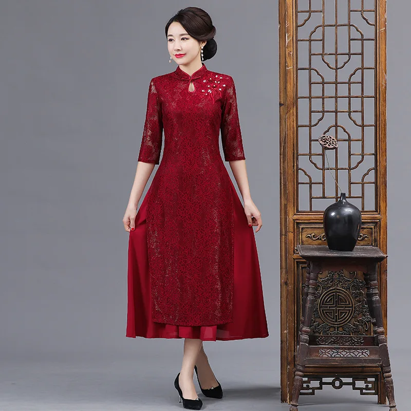 

Embroidery Flower A-Line Chinese Ao Dai Cheongsam With Rhinestone Vintage Buttons Traditional Formal Party Gown Sexy Qipao