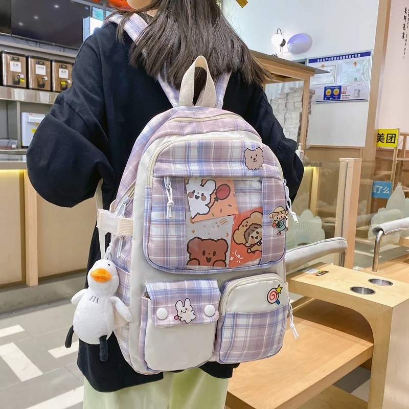 

Women Printing Backpack School Bags For Teenage Girls Korean Bag Canvas Middle Bag Female Large Capacity Lattice Lovely Campus