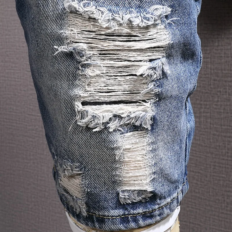 Ripped Denim Shorts Men Streetwear Patches Short Jeans 2022 Summer Fashion Casual Blue Regular Straight Knee Length Pants