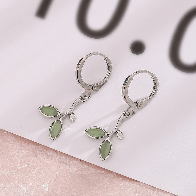 

MEETSOFT 1 Piece 925 Silver Green Artsy Leaves Sprout Drop Earrings for Fashion Women Fine Jewelry Minimalist Accessories