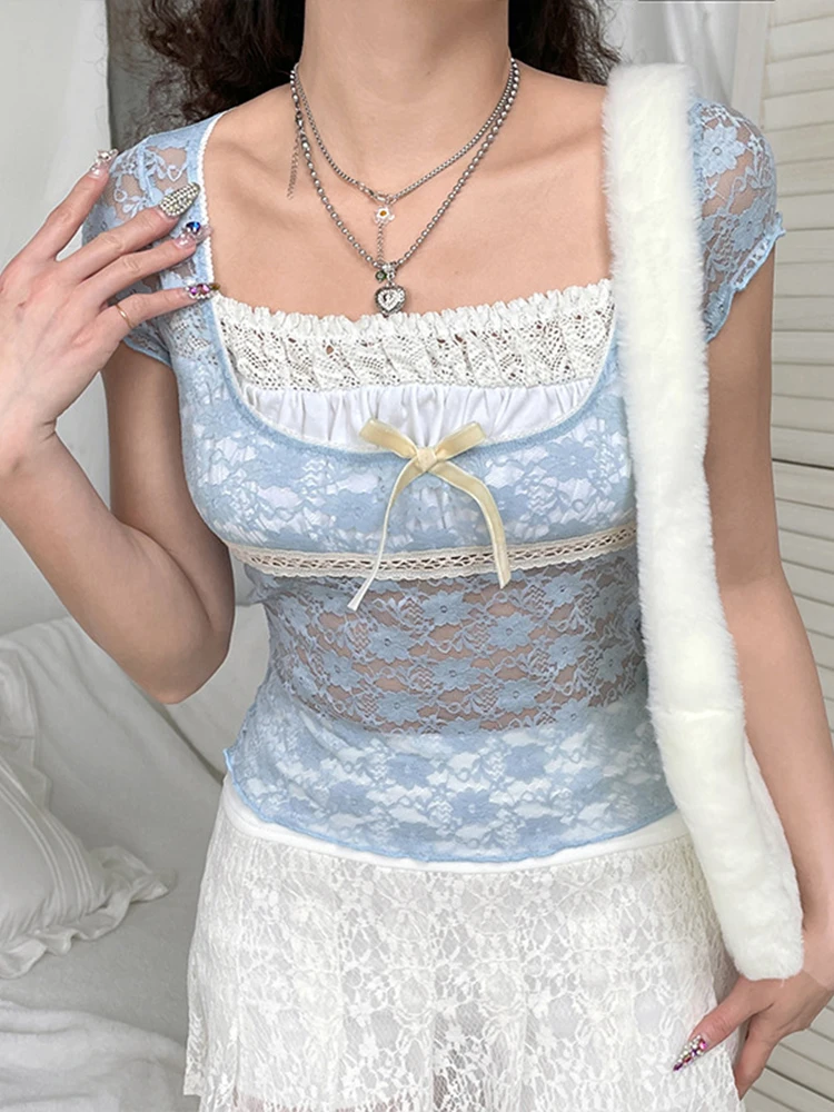 Женская Винтажная футболка с бантом Y2k летняя корейская мода укороченный топ в