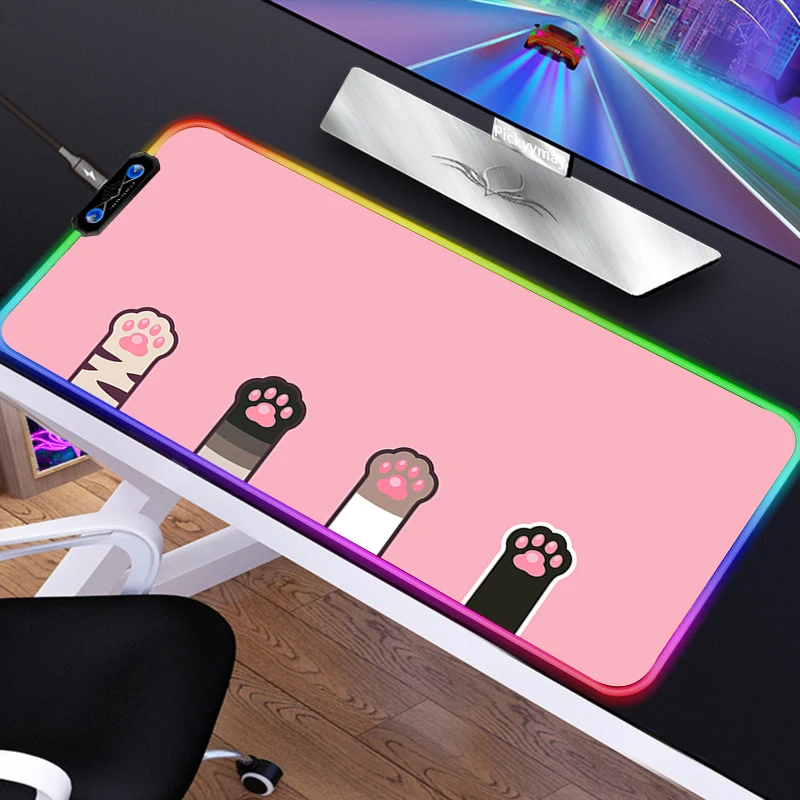 

RGB Mousepad Cat Paw Mouse Slipmat Kawaii Pink Desk Decor Girl Gaming PC Accessories Cute Large USB Mouse Pad Xxl Desk Pad LED