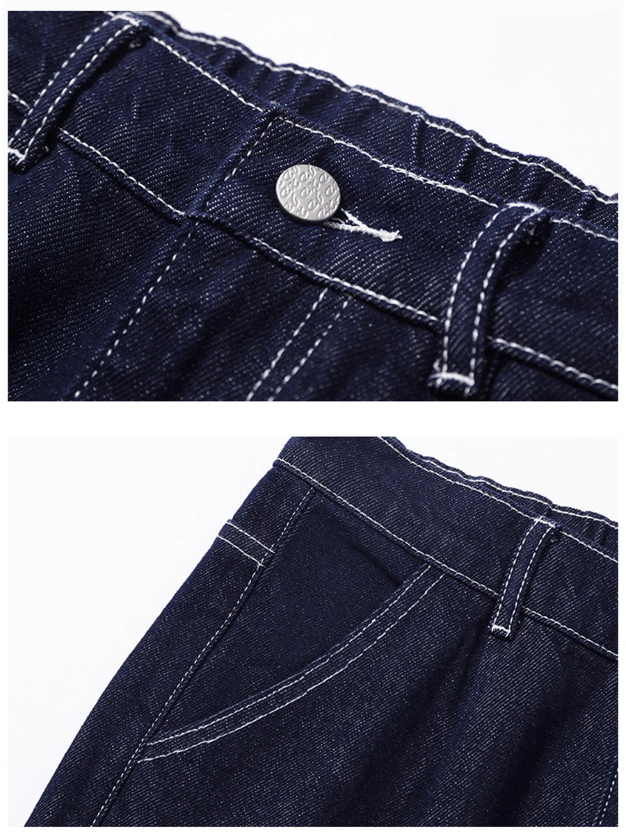 Four Seasons American Primary Color Dark Blue Jeans Men's Trendy American High Street Straight Pants Y2K Men Jeans Streetwear